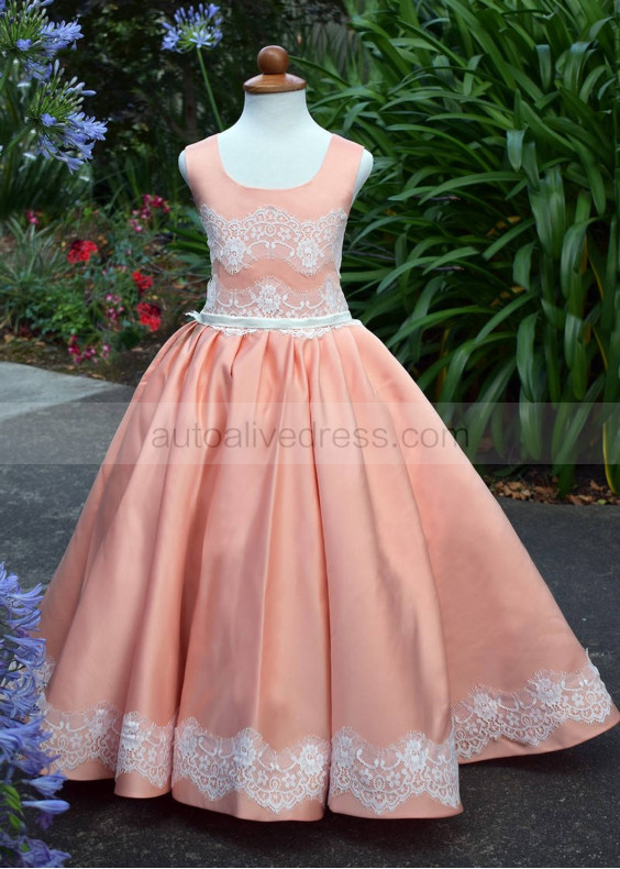 Scoop Neck White Lace Coral Satin  Corset Back Flower Girl Dress